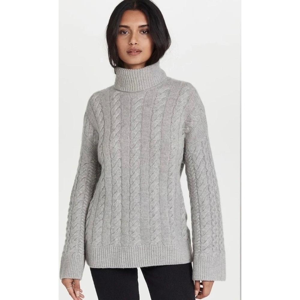 B41 Naadam Cable Knit Turtleneck Sweater XS Gray Wool Cashmere Drop Shoulder